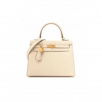 HERMÈS EPSOM KELLY 25 MILKSHAKE WHITE WITH GOLDEN BROWN LINING (25*17*7cm) 